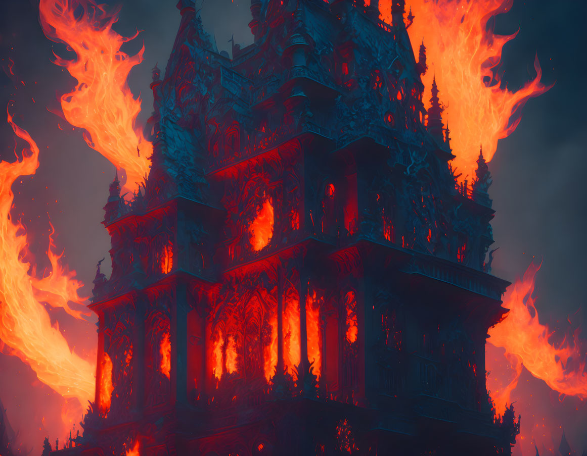 Gothic structure ablaze at night with fiery spires