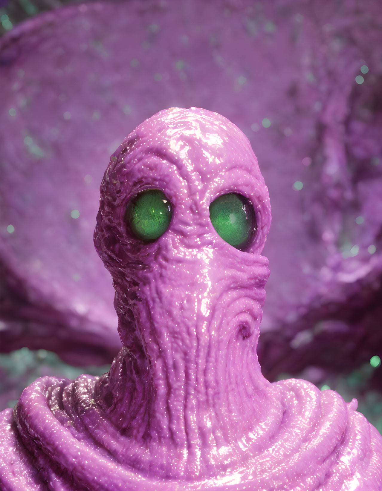 Purple Alien with Green Eyes on Matching Background