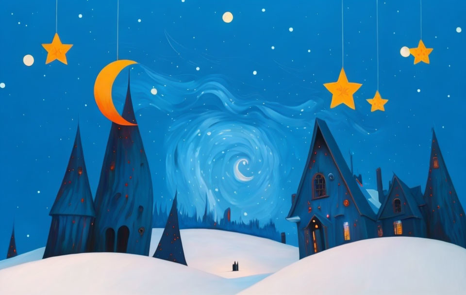 Whimsical snowy night scene with crescent moon and stylized houses