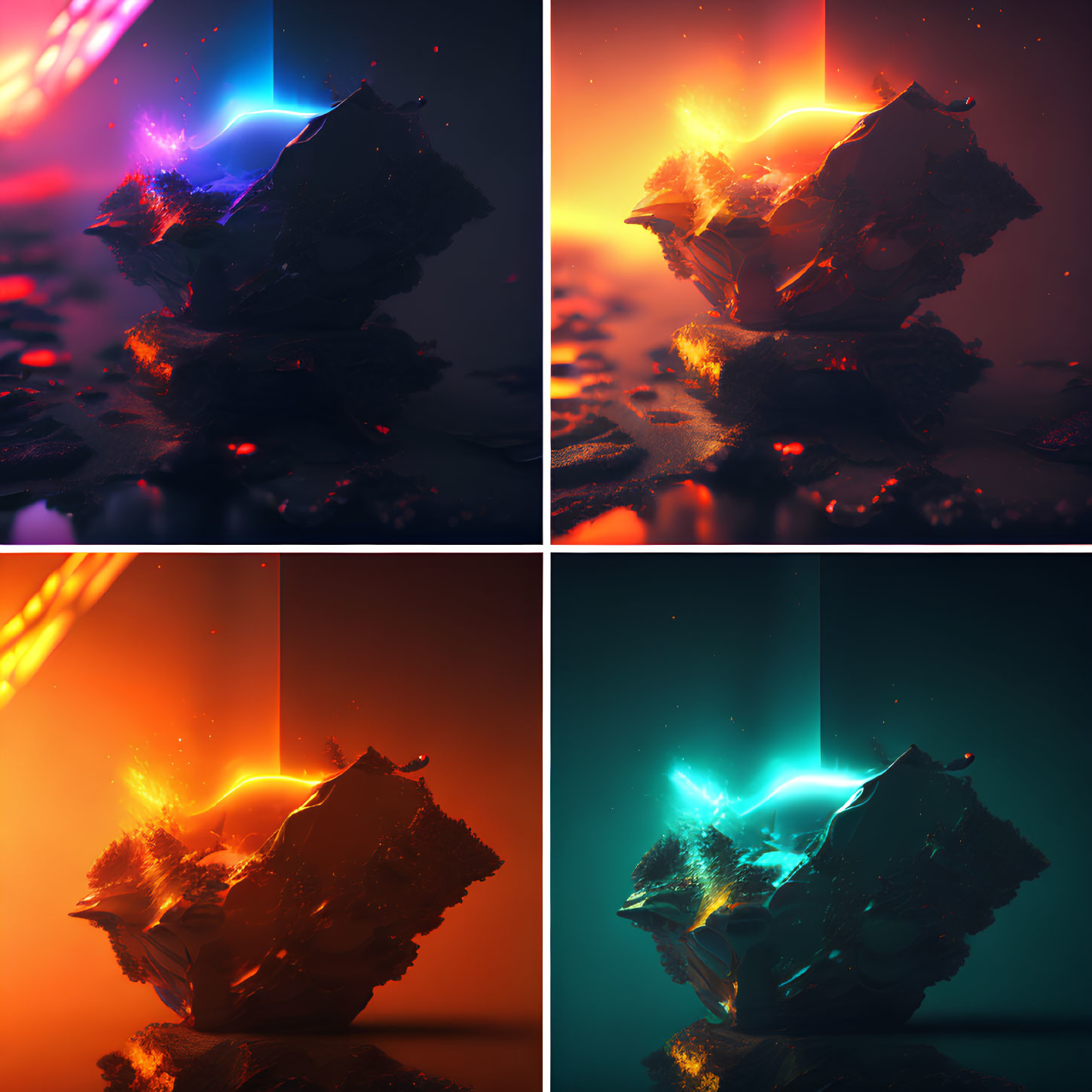 Stylized floating islands with neon lights in vibrant colors