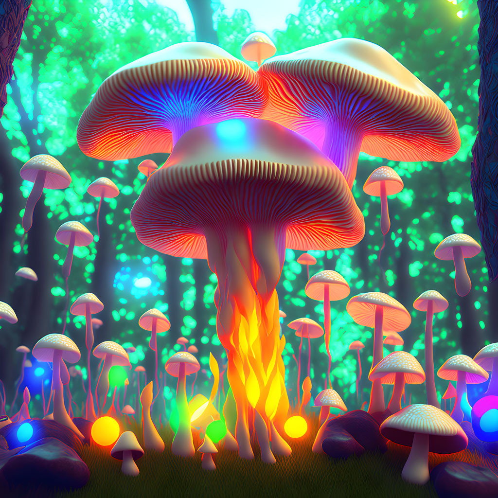 Colorful surreal forest with oversized glowing mushrooms