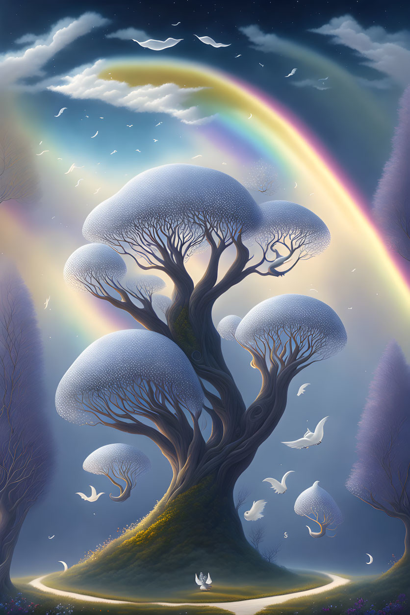 Night scene with oversized tree, rainbow, birds, cat under starry sky