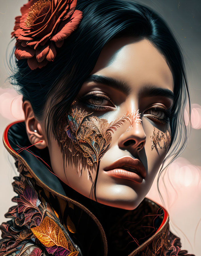 Detailed Woman's Artistic Makeup with Floral and Leaf Designs