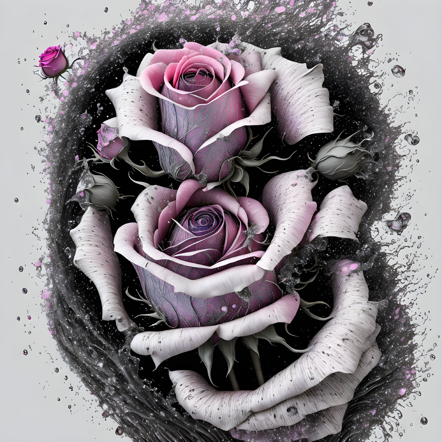 Detailed artwork: Pink and purple roses swirl with water splashes on white-to-grey gradient.