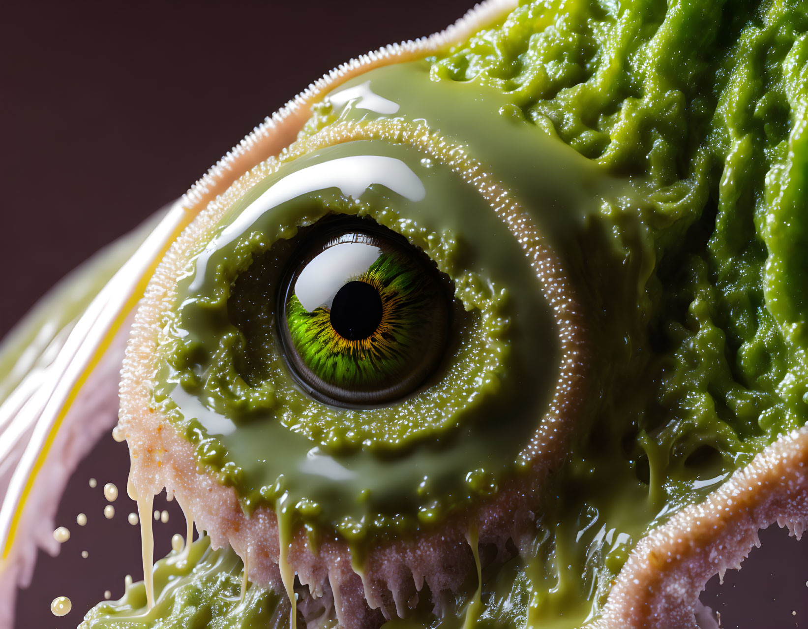 Hyperrealistic green eye with viscous liquid, avian-reptilian resemblance.