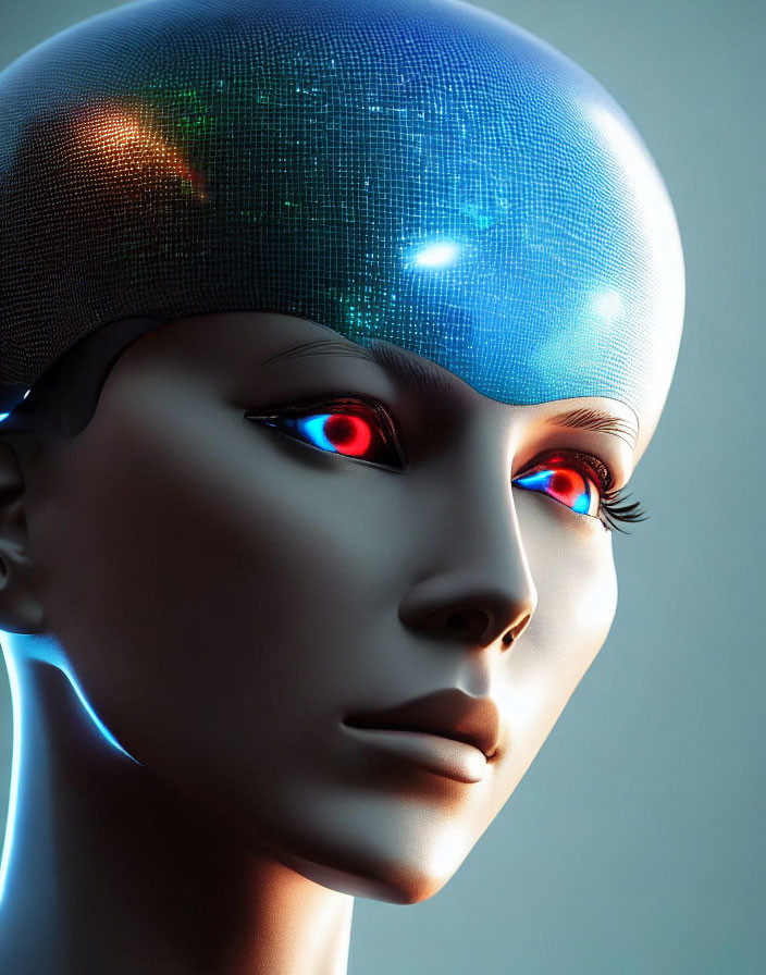Futuristic android with glowing cranium and red eyes