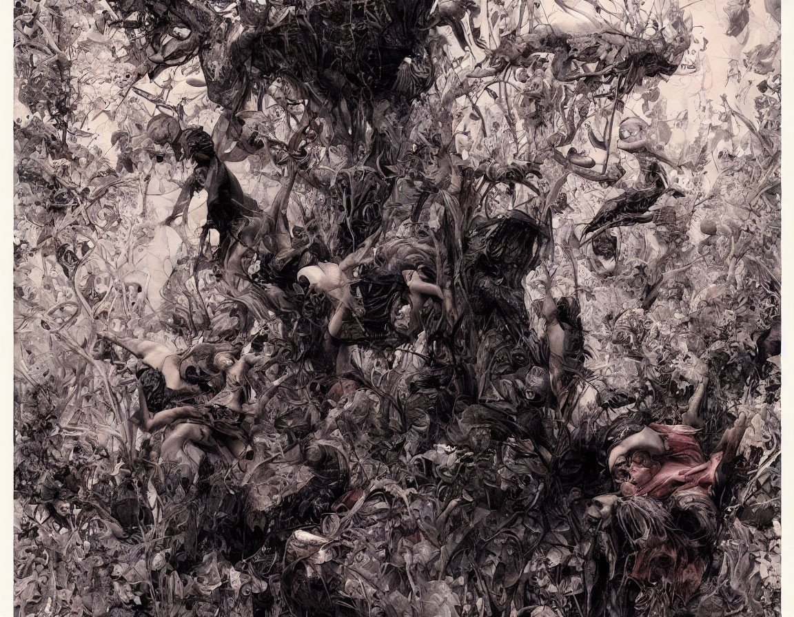 Monochrome artwork of tangled human figures and tree branches