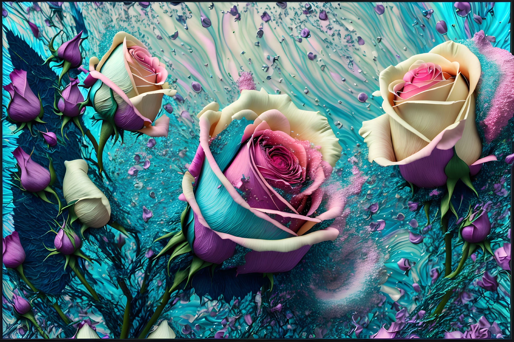 Colorful Abstract Artwork: Vibrant Roses and Swirling Patterns