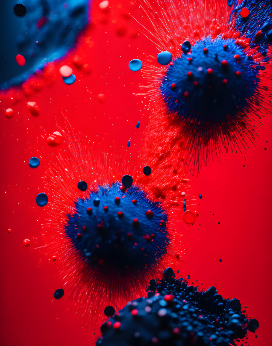 Dynamic blue spiky structures on red background with scattered droplets