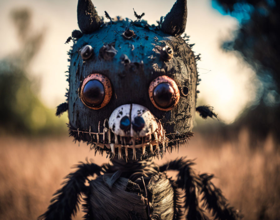 Handmade eerie creature with rusty button eyes and metallic accents