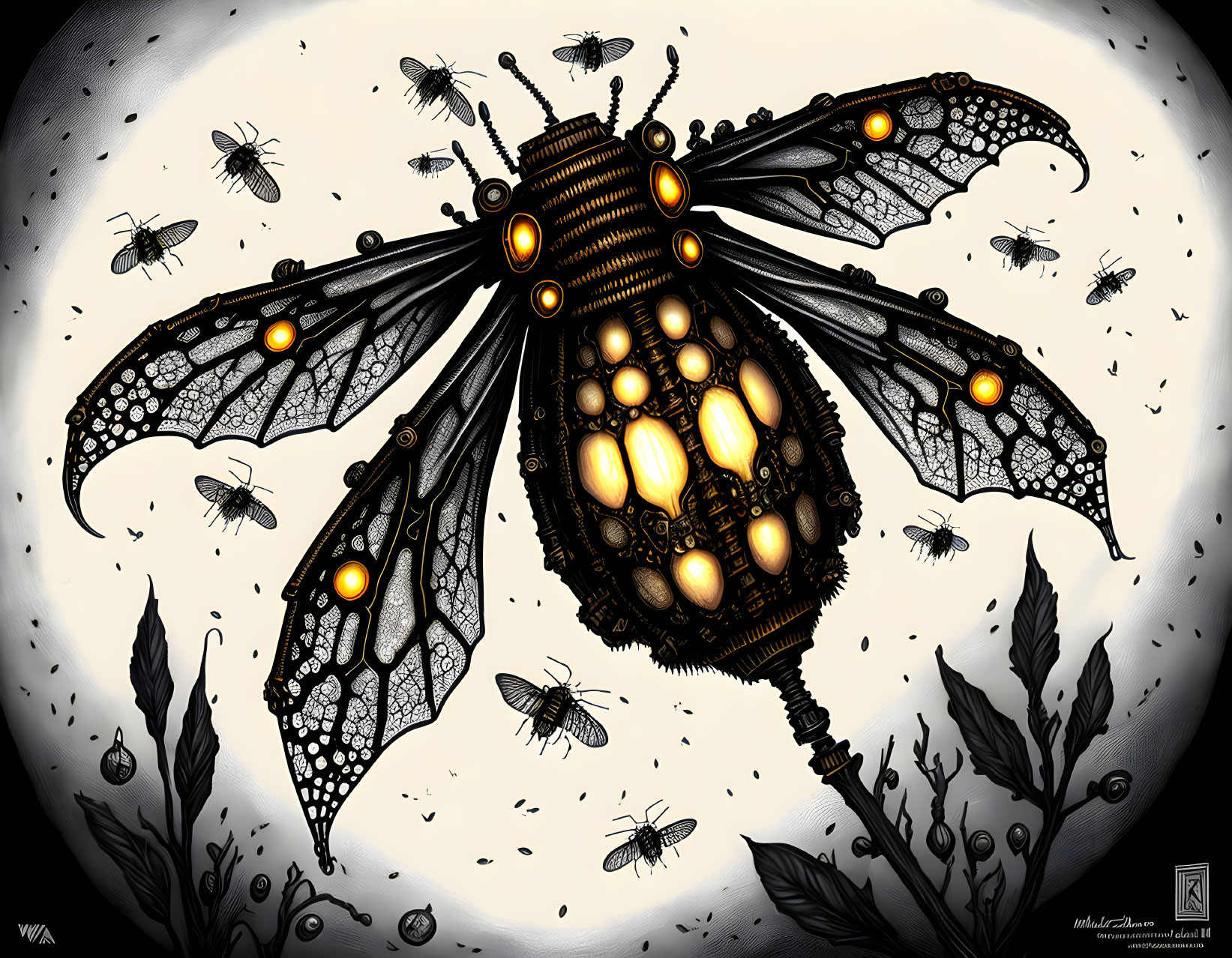 Mechanical bee illustration in black and white with glowing yellow elements