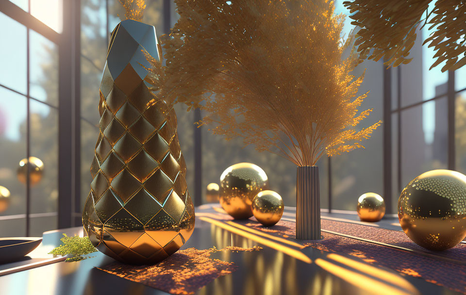 Luxurious Interior Scene with Golden Vase and Trees in Sunlit Space