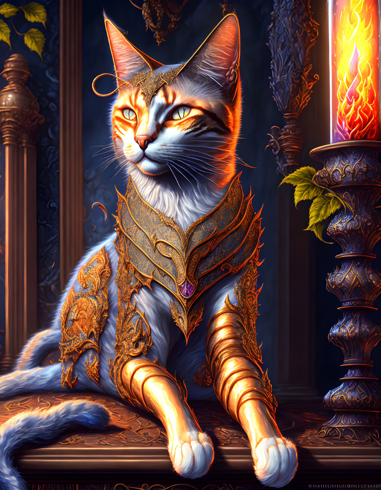 Majestic cat in golden armor beside a torch with blue draperies