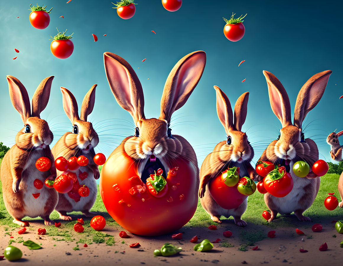 Giant rabbits play with oversized tomatoes under clear sky