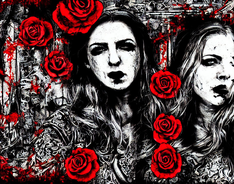 Black and white artwork of two stylized female faces with red roses and intricate patterns.