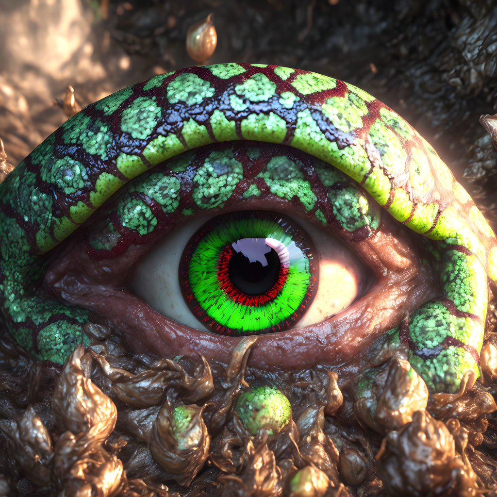 Green-scaled snake coils around striking red and green human eye