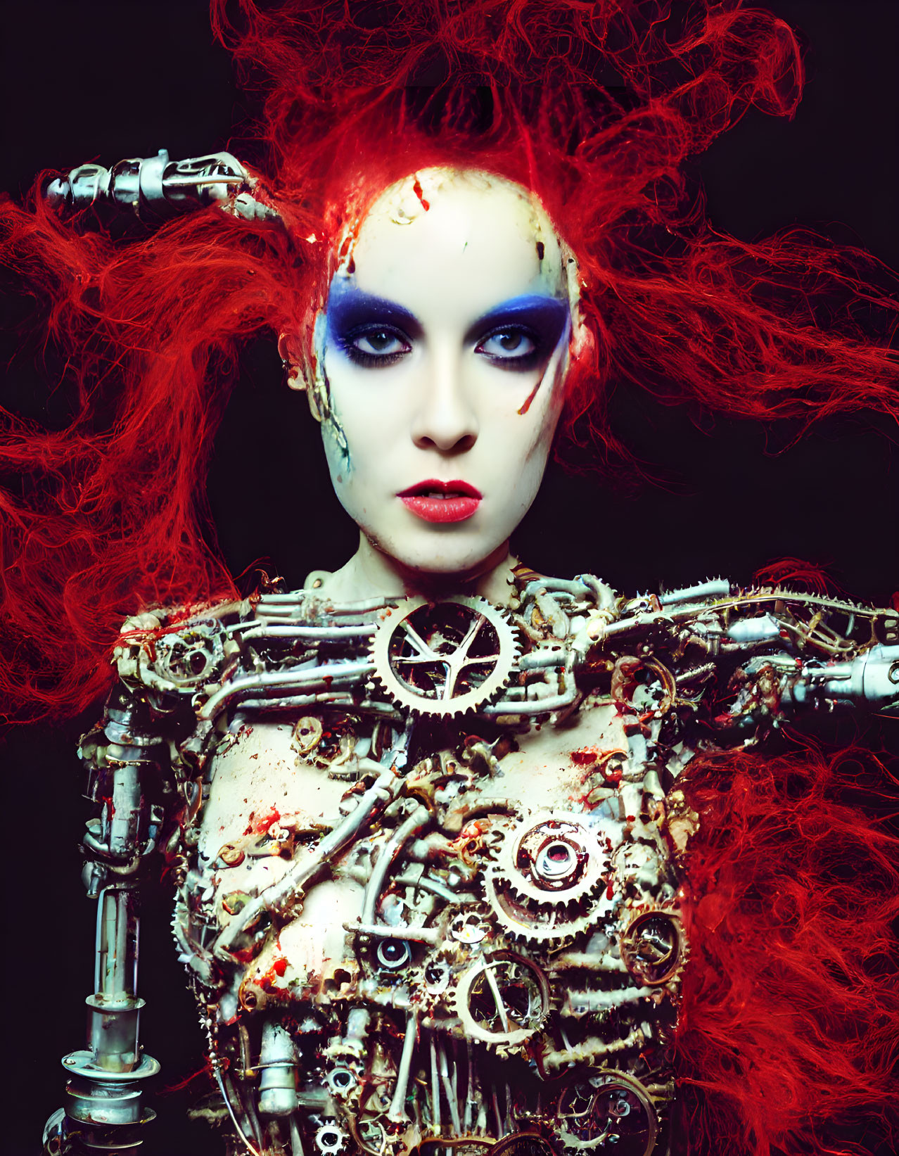 Dramatic red hair, robotic body parts, gears, bold makeup portrait on black background