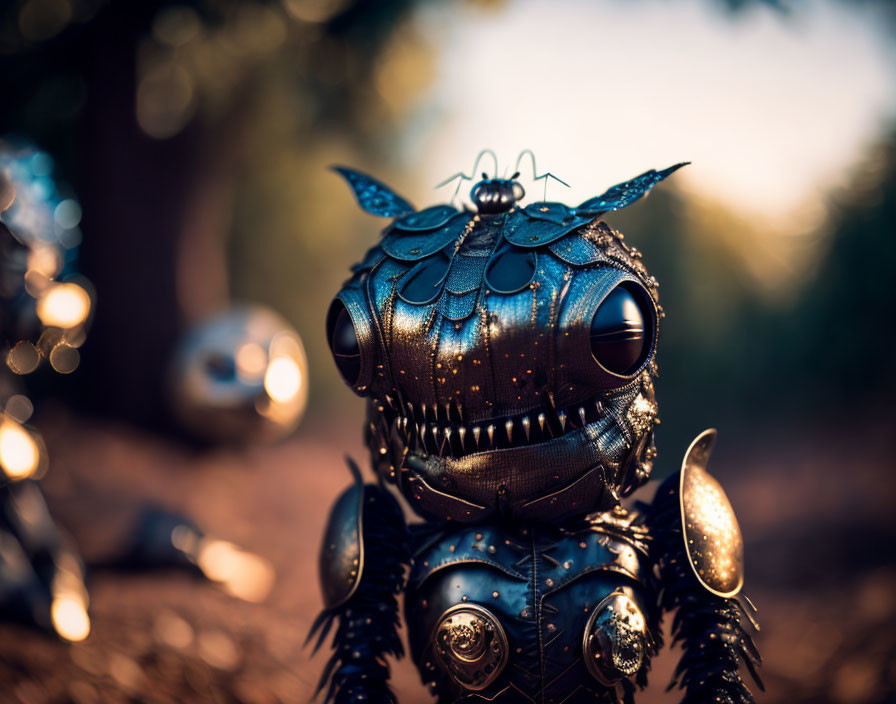 Intricate metalwork robotic creature with glowing eyes and butterfly in forest.