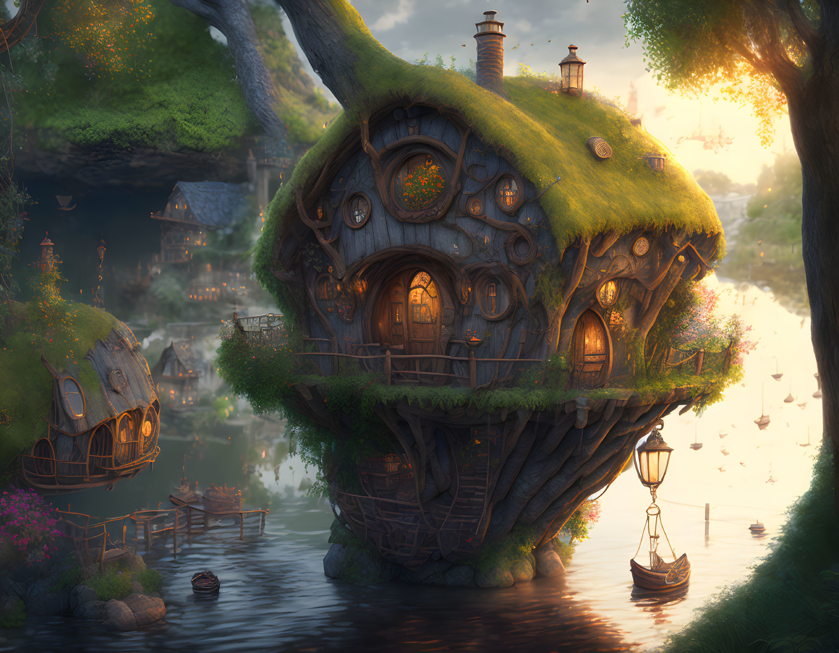 Fantastical treehouse with thatched roof in lush lakeside scene