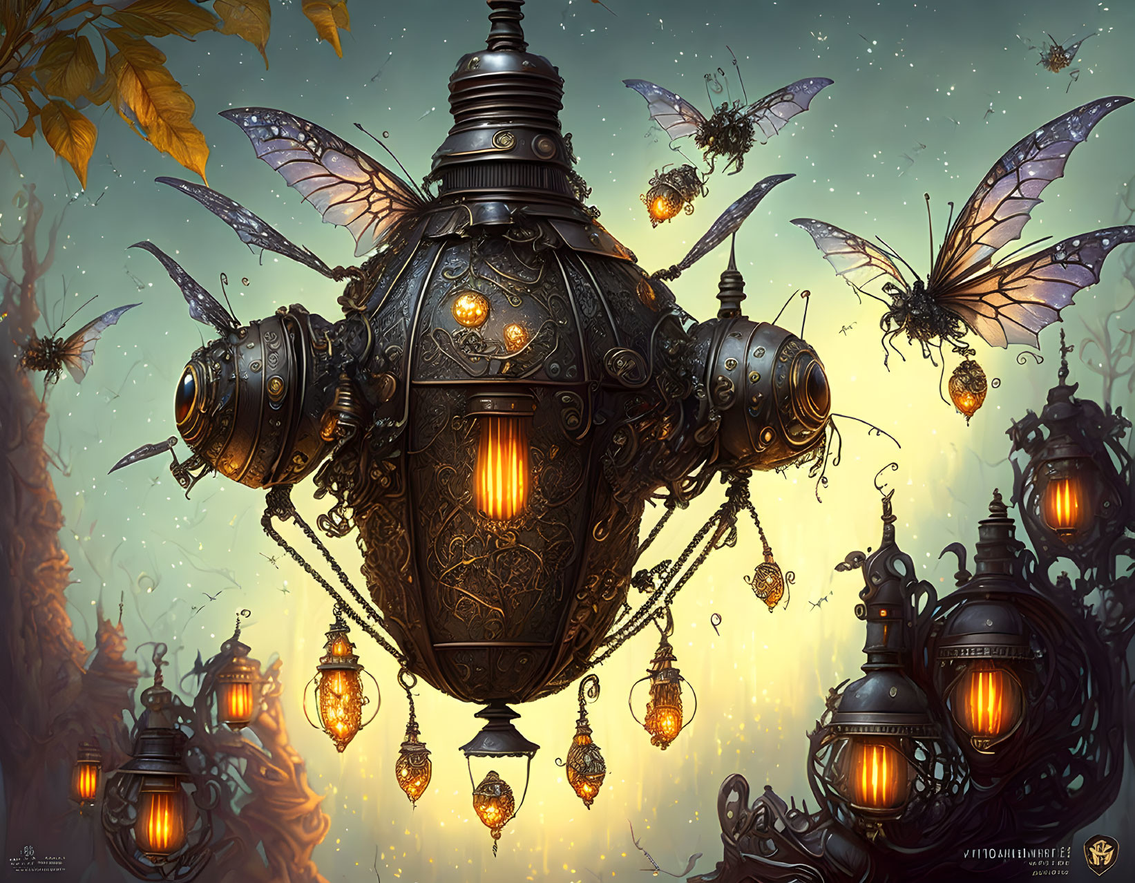 Steampunk-style beehive with mechanical bees in mystical forest.