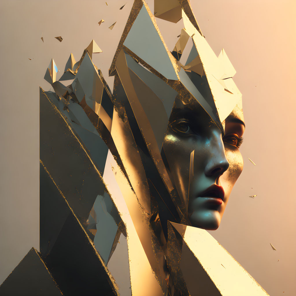 Geometric digital artwork of fragmented female figure in golden hues