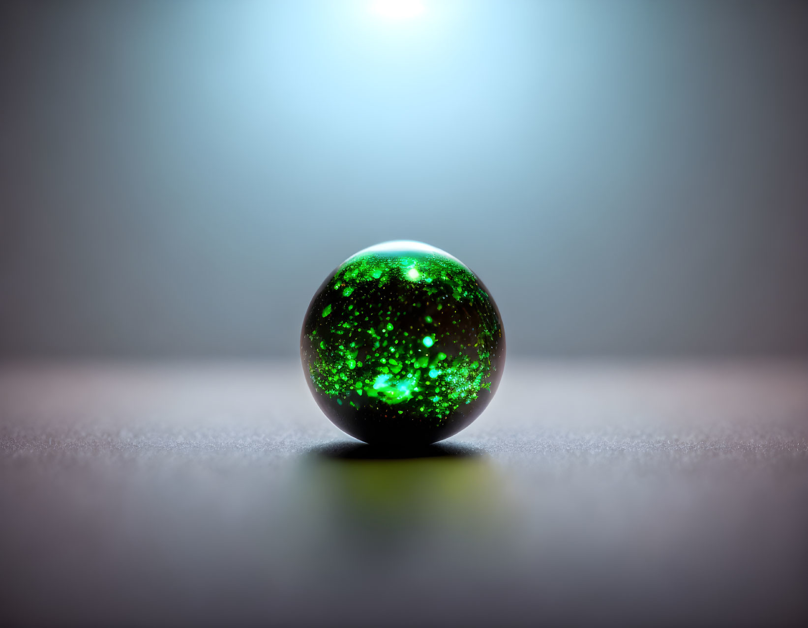 Green Marbled Glass Sphere on Smooth Surface with Soft Light Glow