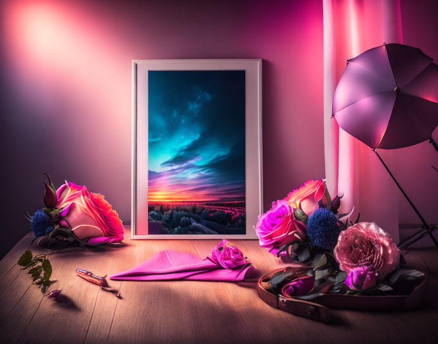 Framed Aurora Night Sky Picture with Roses, Purple Cloth, Palette, and Paintbrush