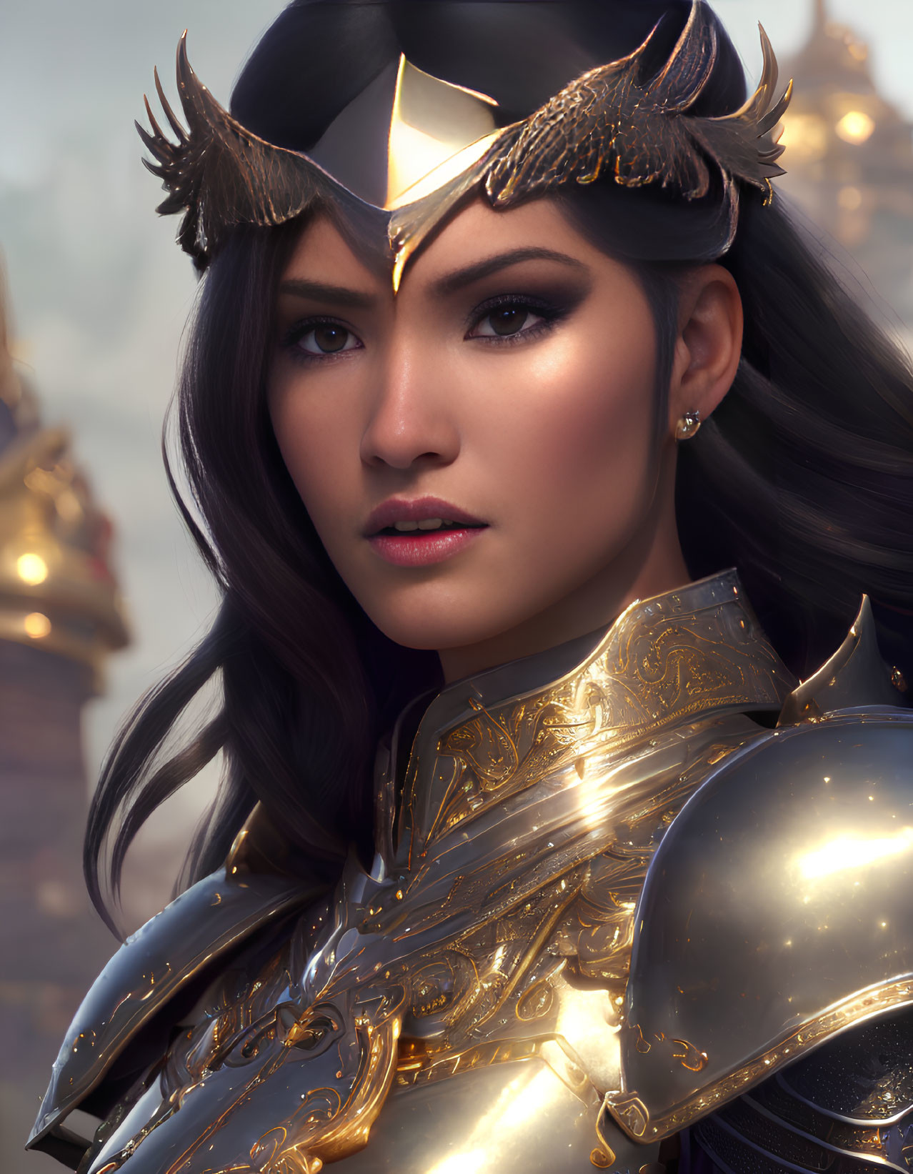 Detailed Digital Portrait of Woman in Ornate Golden Armor