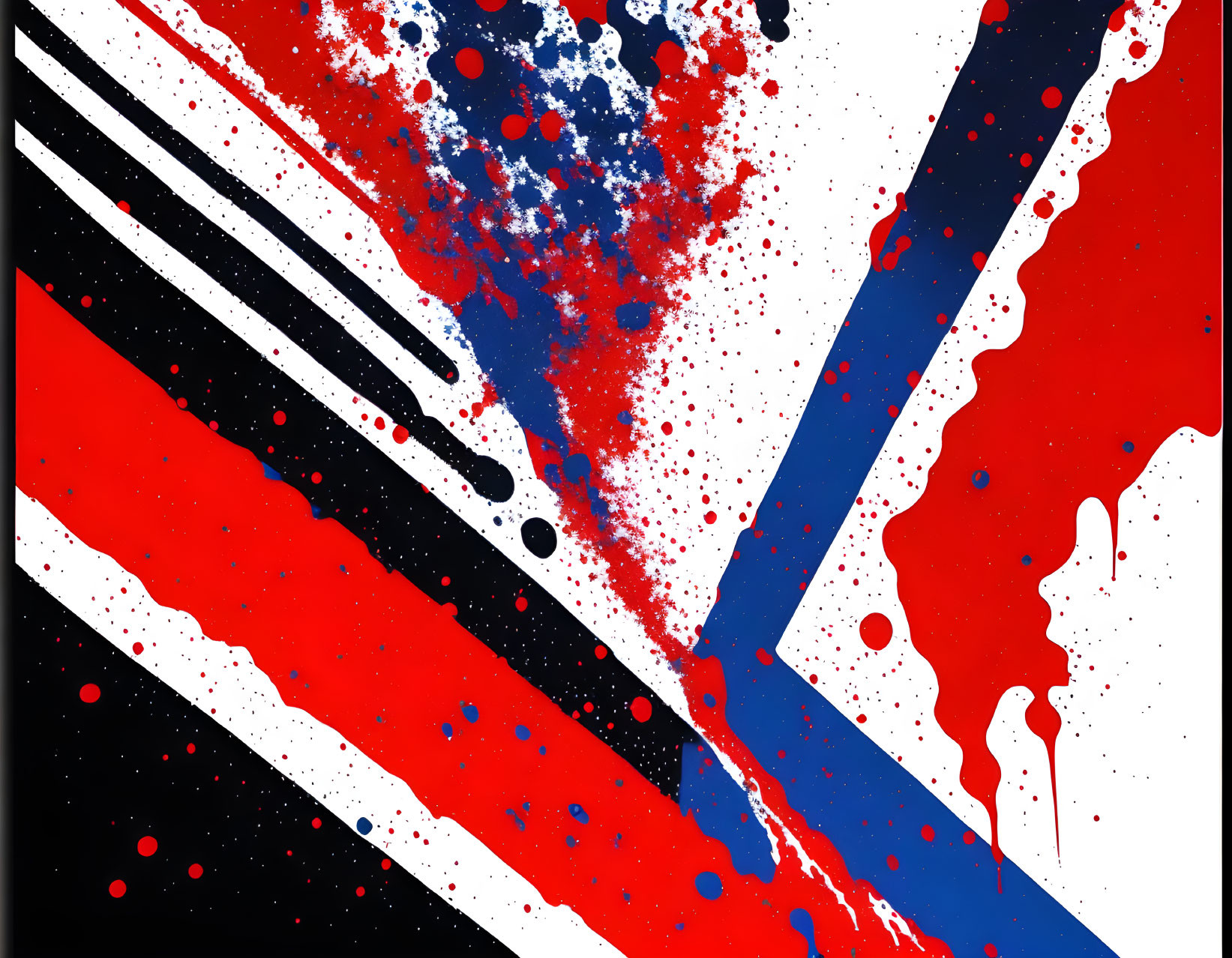 Dynamic Red, Blue, Black, and White Abstract Artwork with Splatters and Streaks