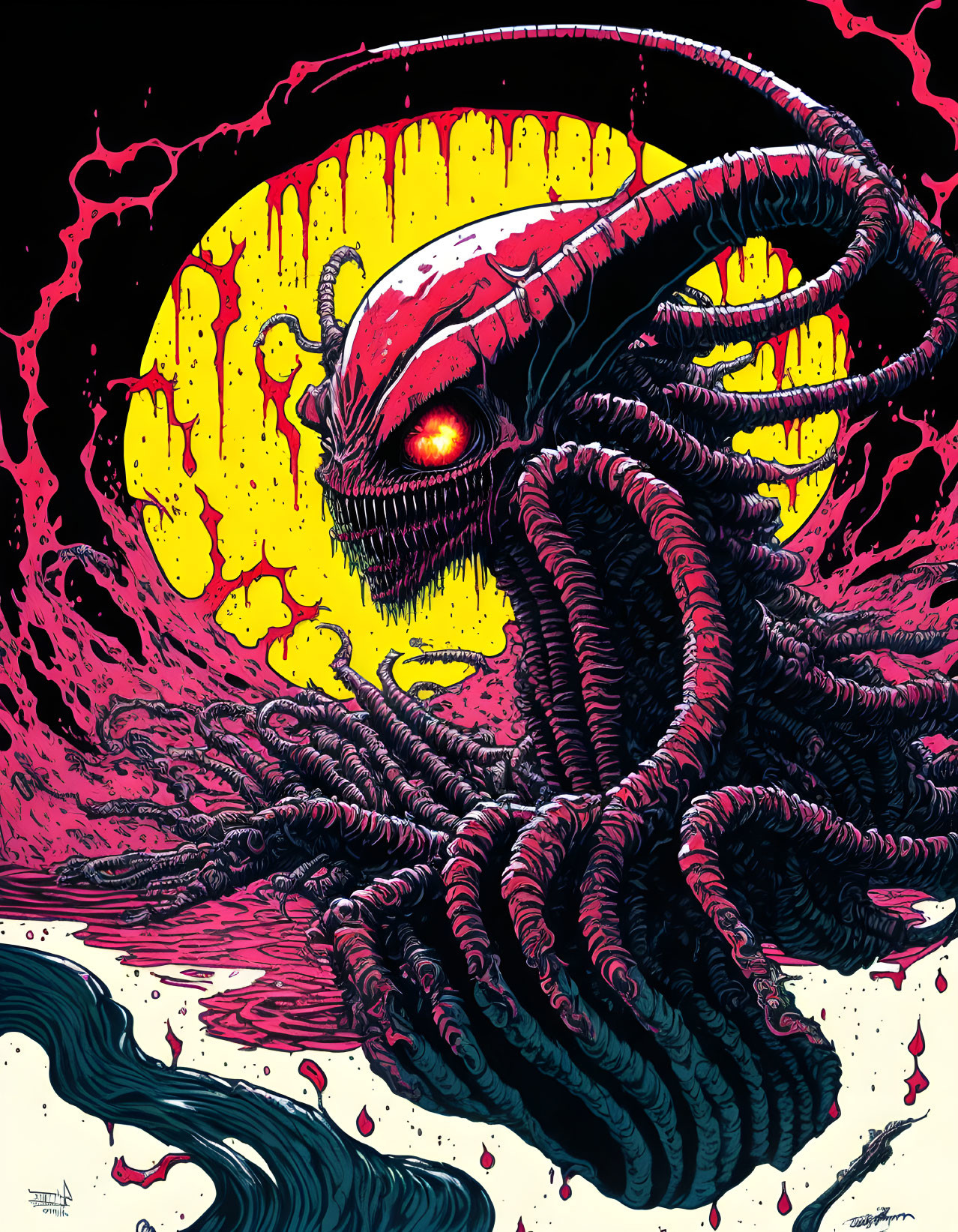 Illustration of red-eyed monstrous creature with tentacles on eerie sci-fi background