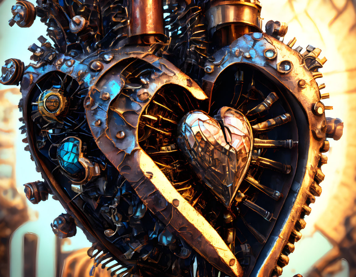 Intricate mechanical heart with gears, cogs, and crystal centerpiece