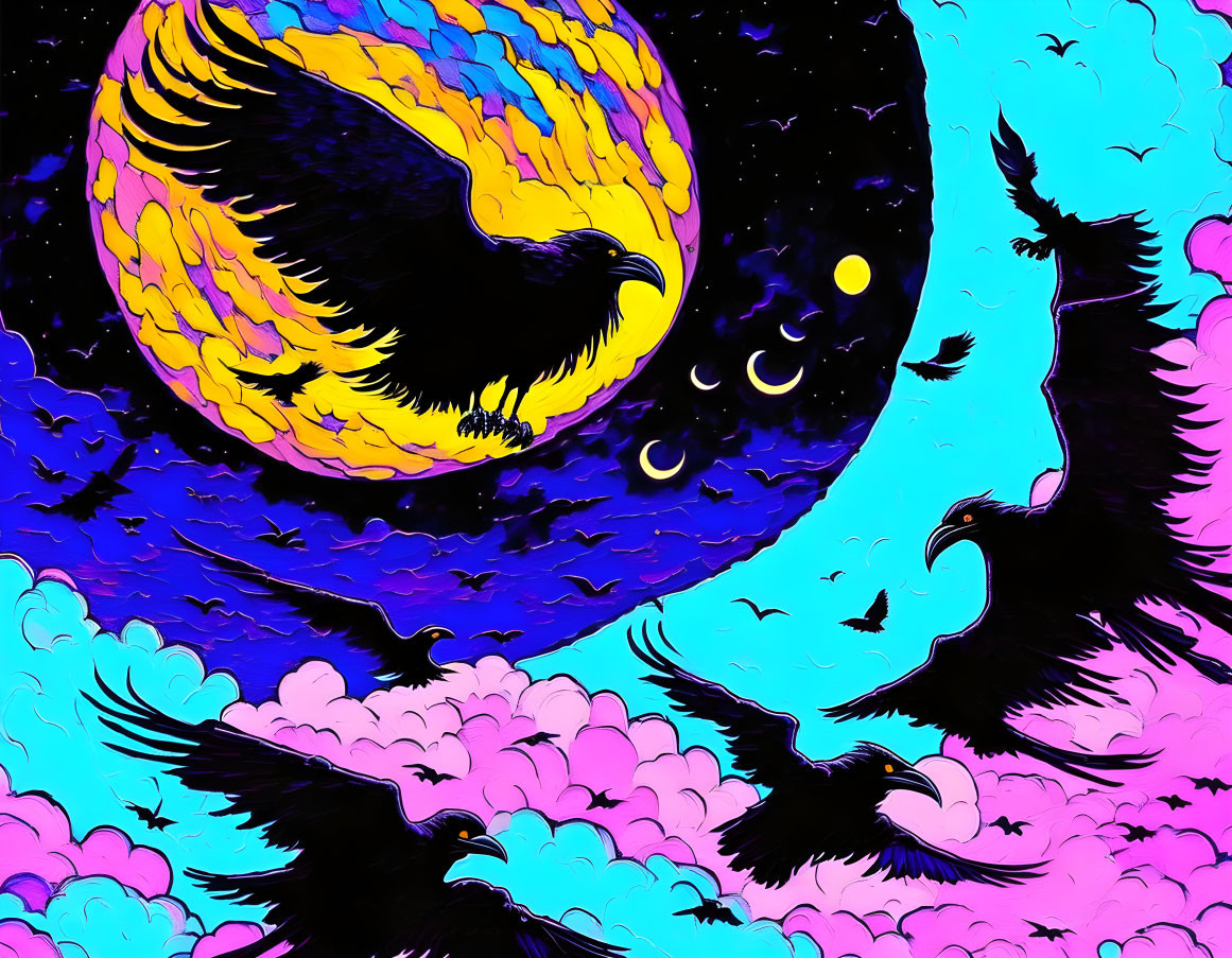 Colorful Psychedelic Bird Illustration with Swirling Feathers and Silhouetted Birds