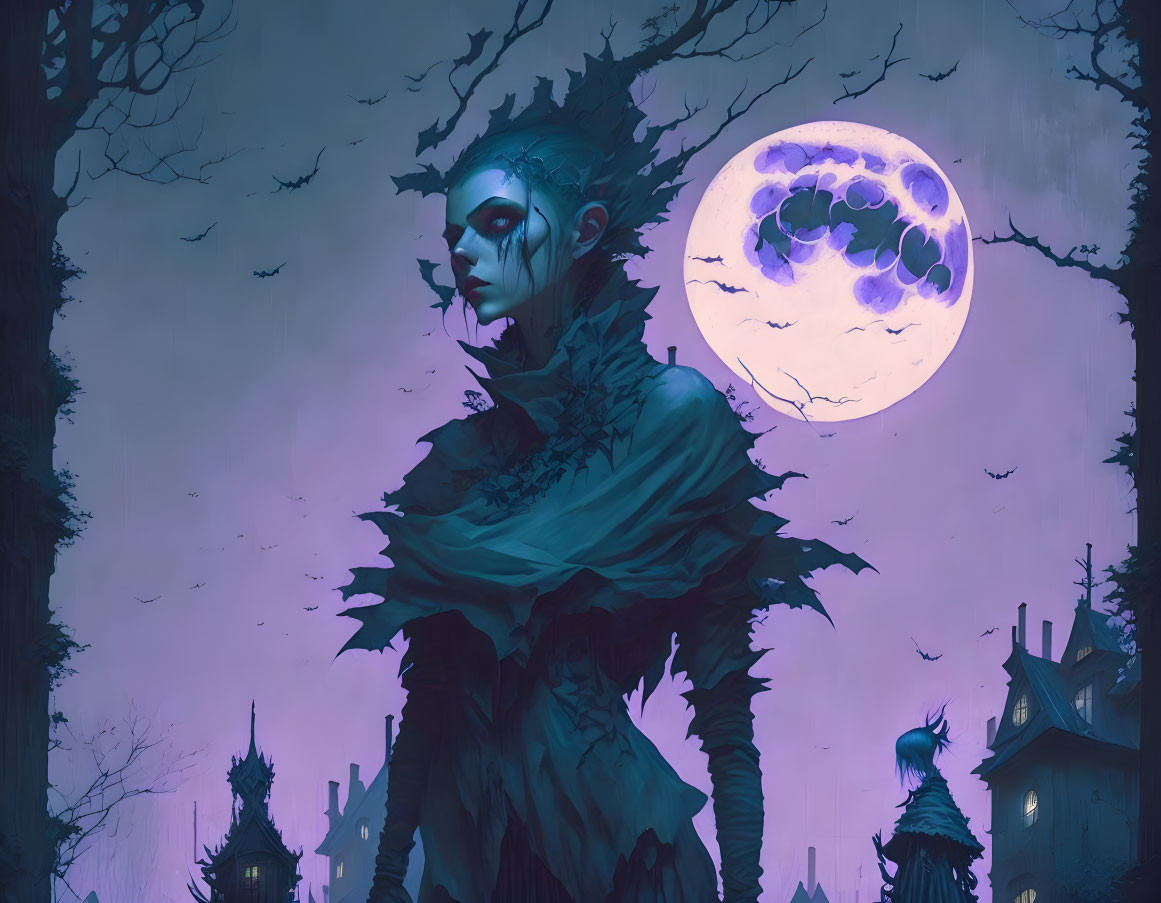 Pale-skinned gothic figure in moonlit landscape with bare trees and houses.