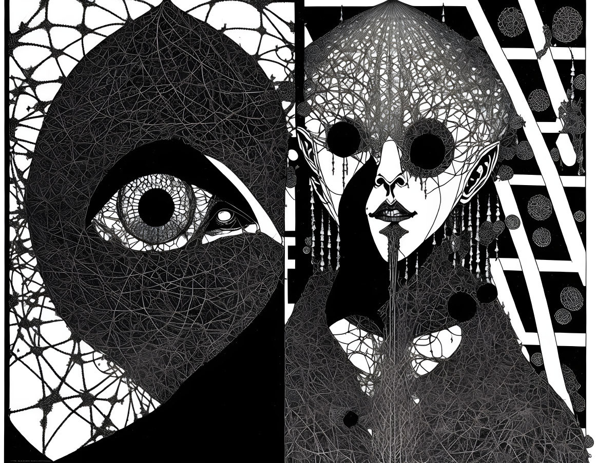 Monochrome artwork: eye and intricate face patterns on black background