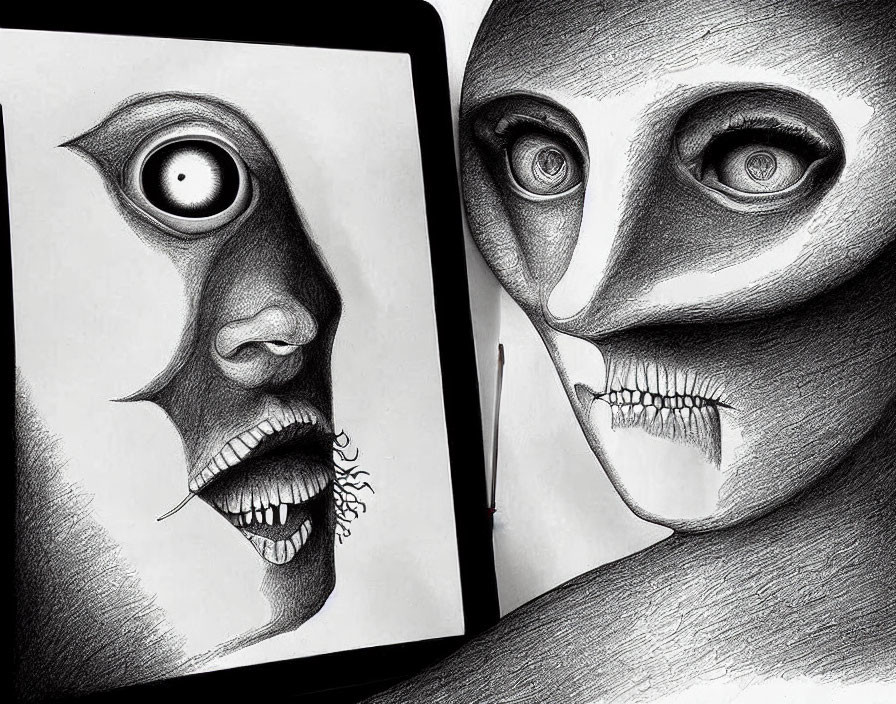 Surreal pencil drawing of two faces with exaggerated features