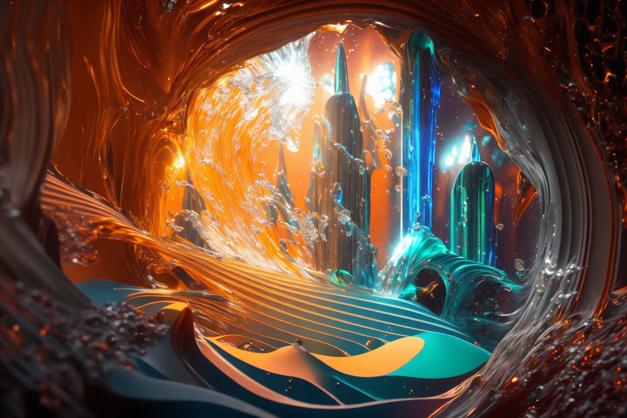 Abstract 3D Artwork: Vibrant Tunnel with Fluid Textures in Orange and Blue