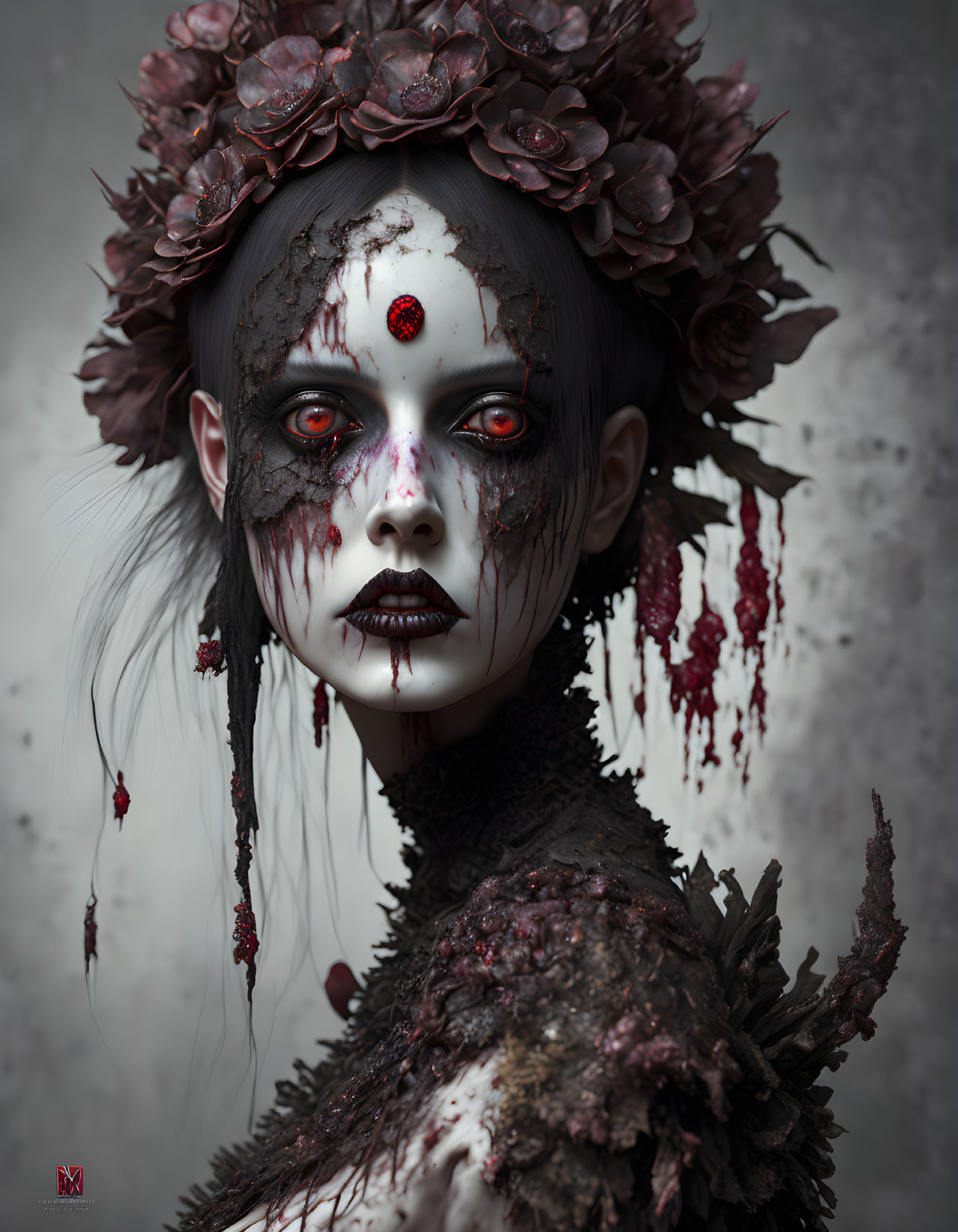 Dark fantasy art: Pale figure with black eyes, crown of dark flowers, blood streaks