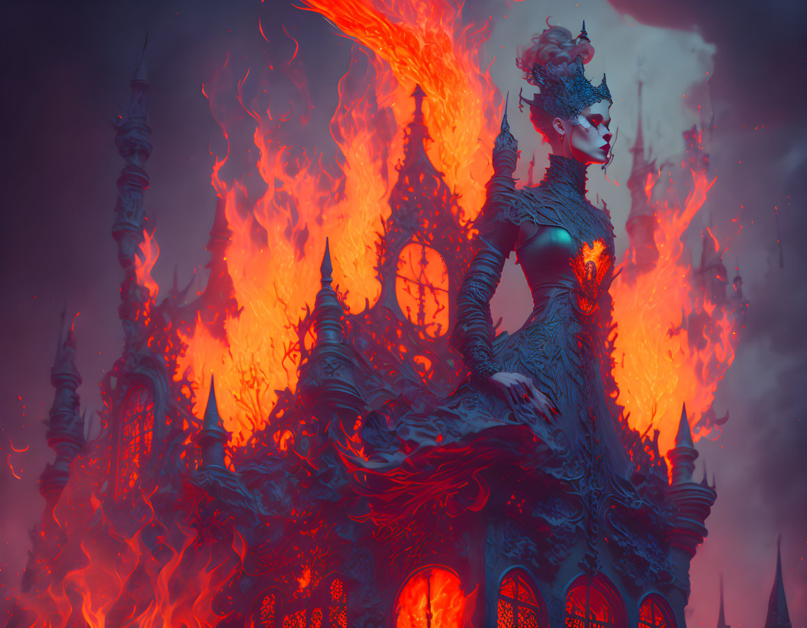 Regal figure with crown in fiery gothic setting