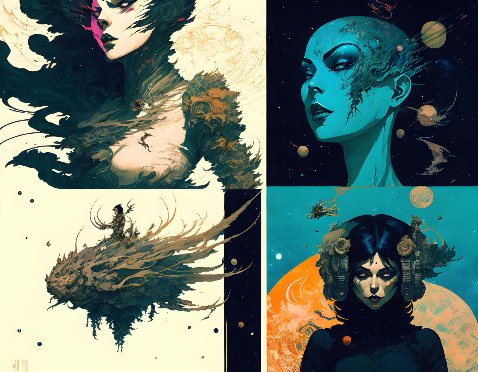 Stylized quadriptych of female figures with cosmic and natural themes