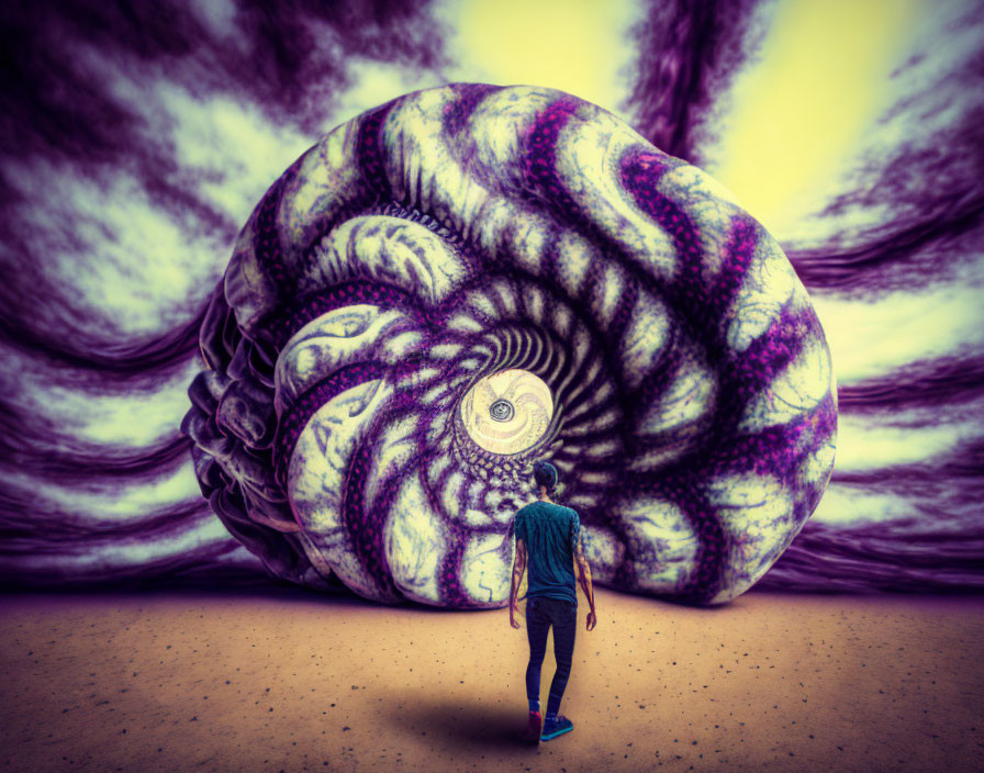 Person facing surreal snail under swirling purple sky