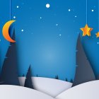 Whimsical snowy night scene with crescent moon and stylized houses