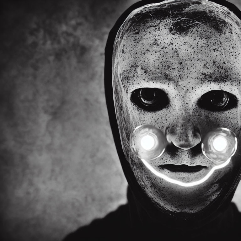 Monochrome image of masked person with speckled face and glowing features