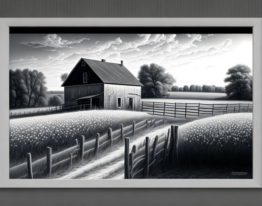 Monochrome rural landscape with barn, fence, hay bales, and dramatic sky