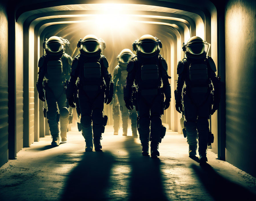 Astronauts in suits walking through futuristic tunnel with long shadows.