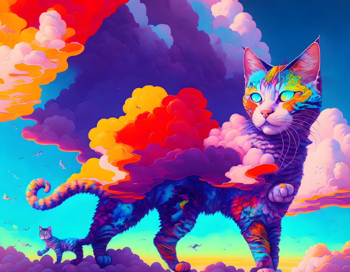 Colorful Cat with Psychedelic Patterns Beneath Multicolored Sky