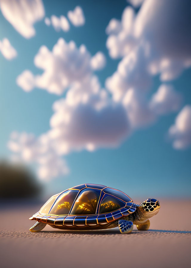 Illustration of turtle with shiny shell under palm tree scene in cloudy sky