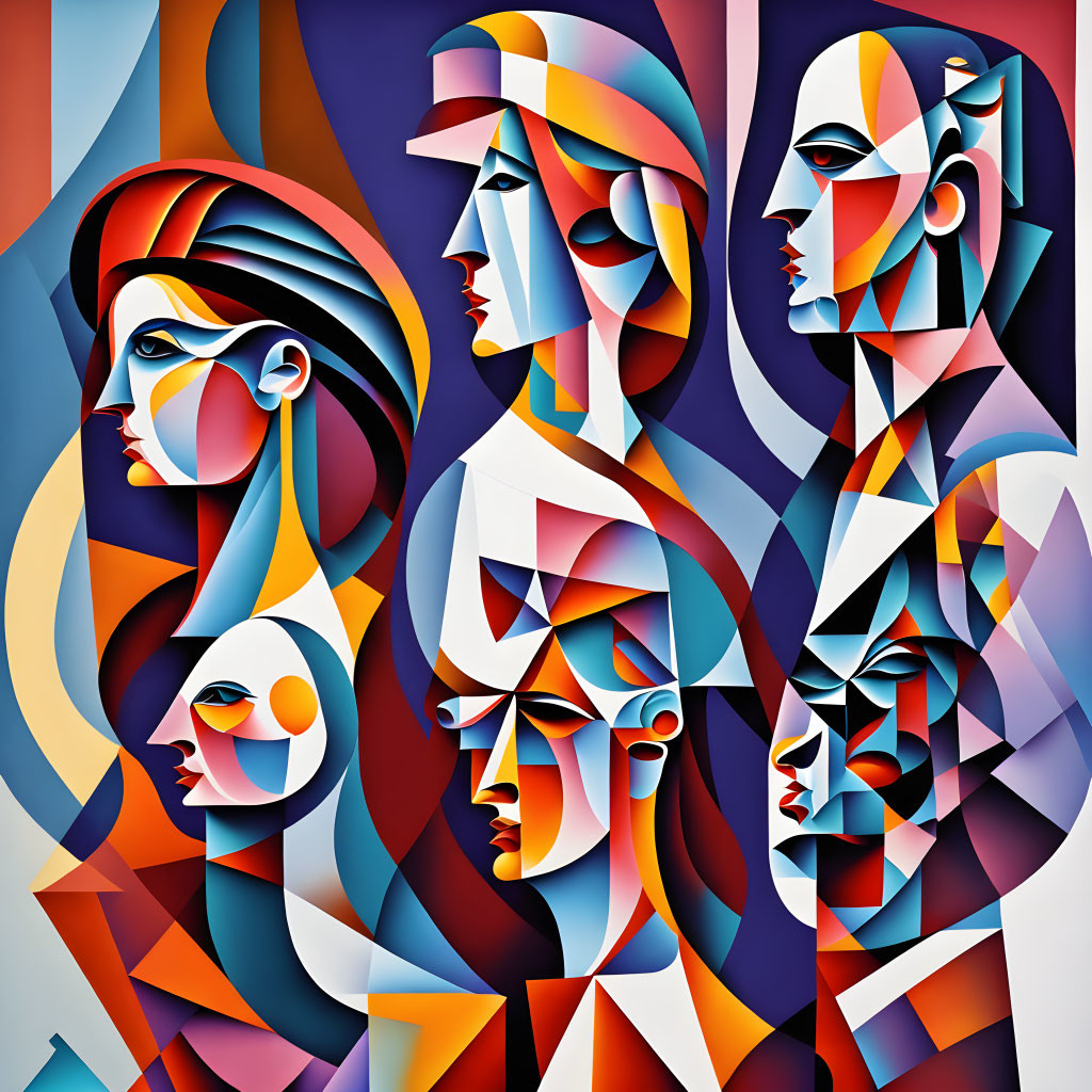 Vibrant Cubist Painting of Overlapping Abstract Faces