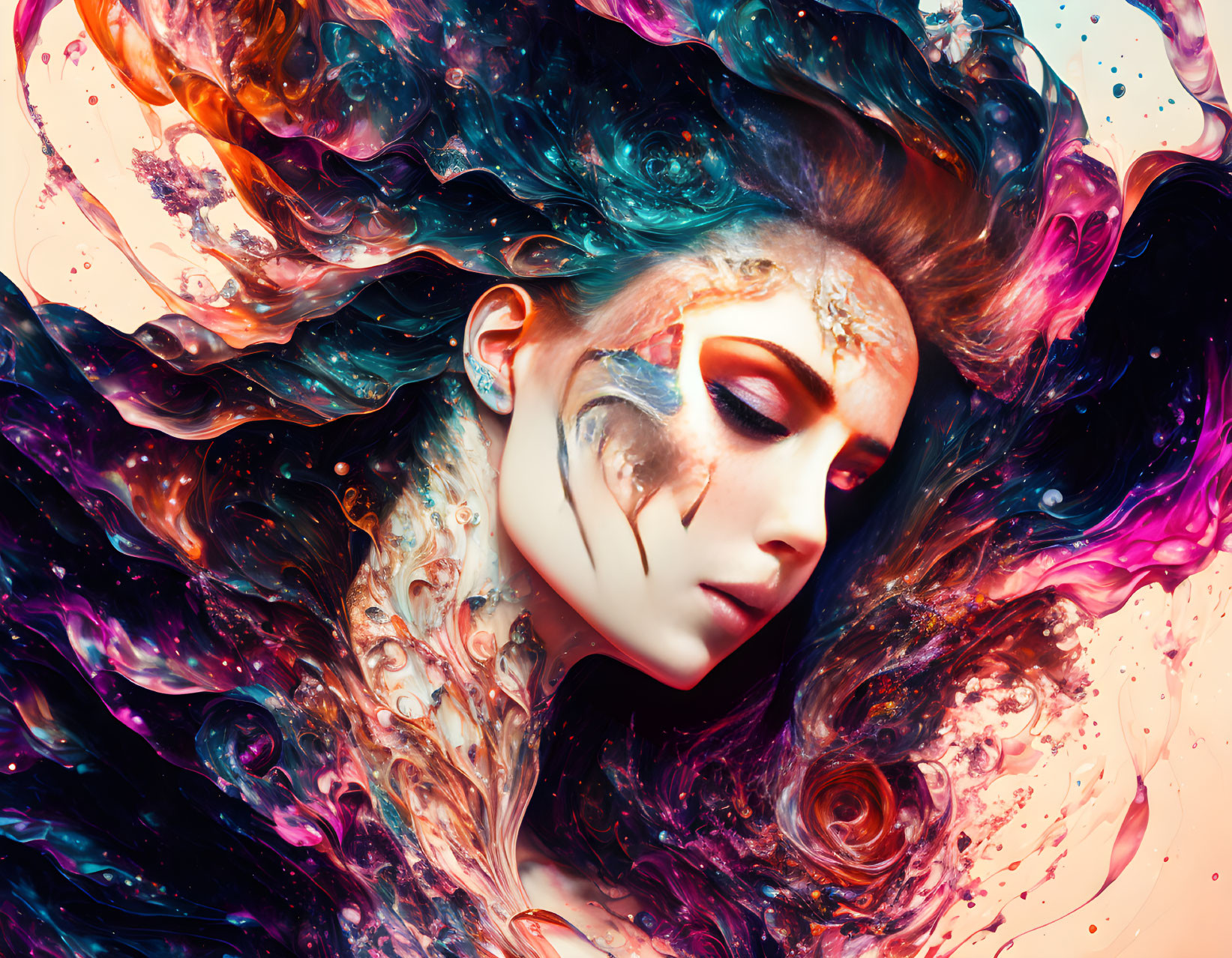 Colorful Abstract Art: Woman with Vibrant Hair and Artistic Makeup