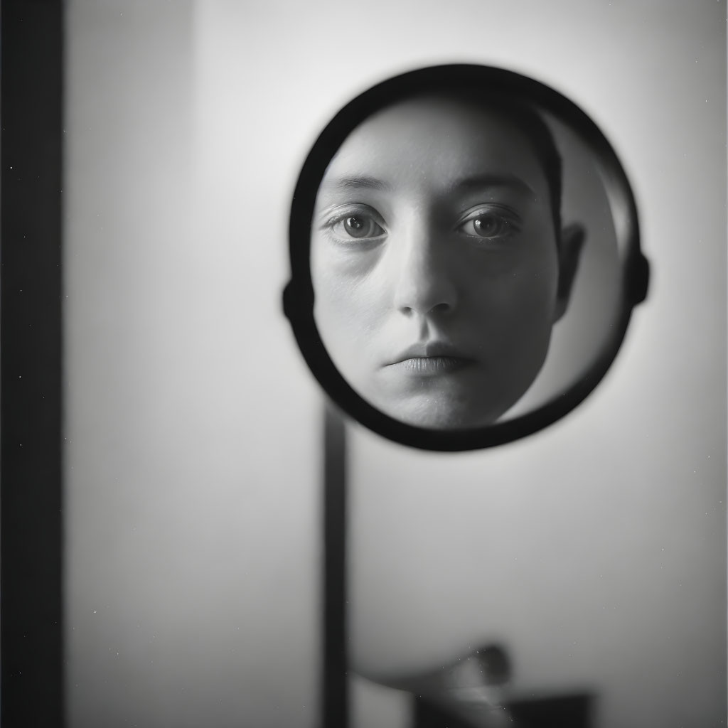 Contemplative face reflected in round mirror with high-contrast monochrome background