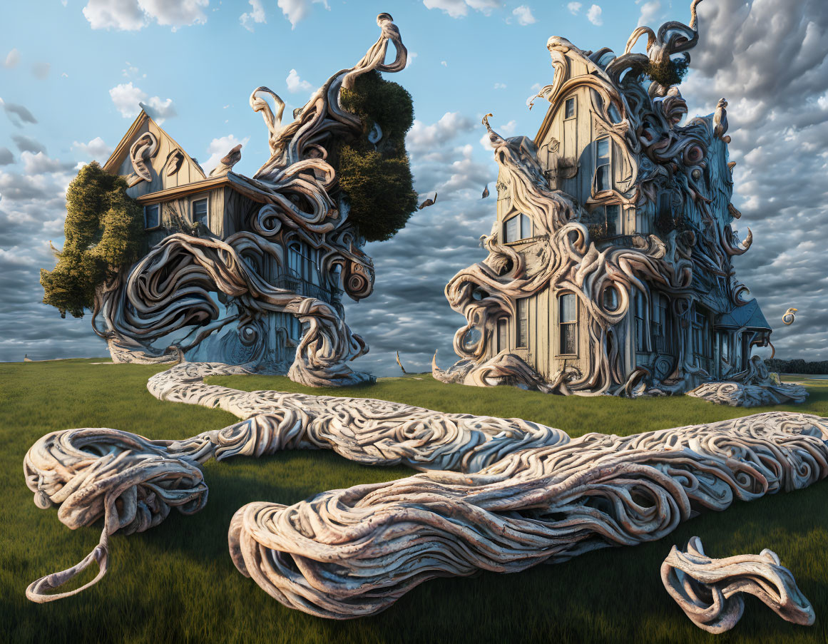 Distorted swirling buildings and trees in surreal landscape